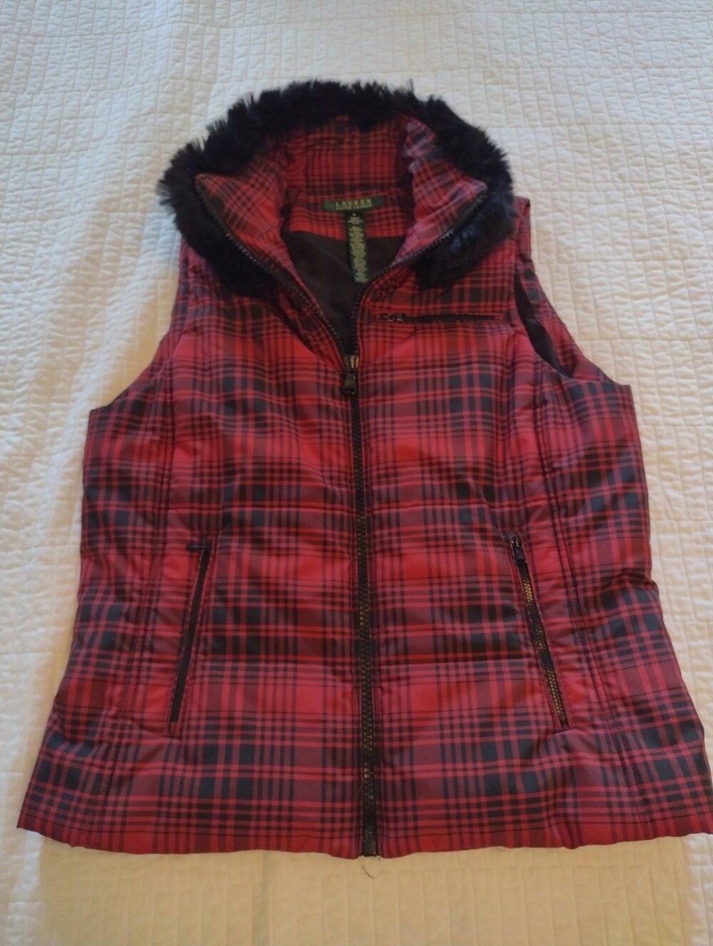 Lauren Ralph Lauren Womens M Vest Red Black Plaid Puffer Zip Faux Fur Collar